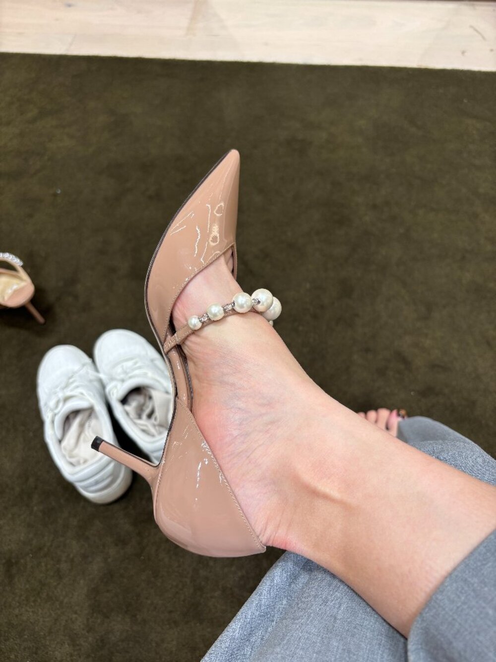 Jimmy Choo Nude Patent Leather Pearl-Embellished Pointed Toe Heels - Picture 3 of 8